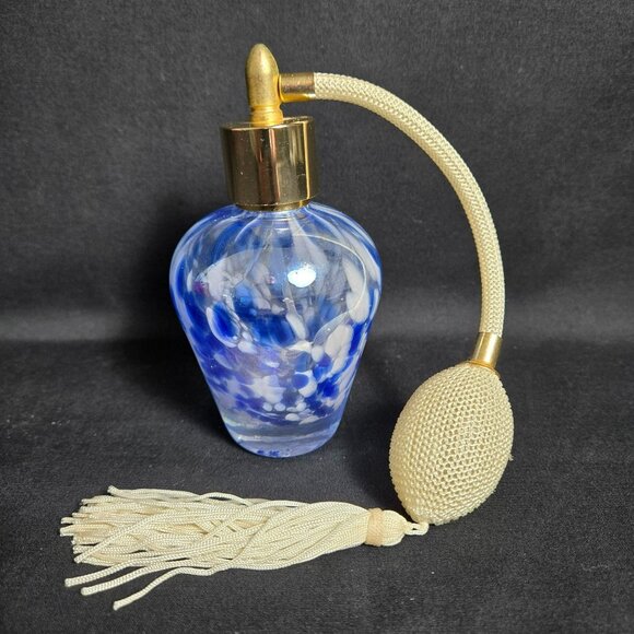 Hand Blown Art Glass Perfume Bottle Atomizer Blue White Swirl w/ Bulb & Tassel - Picture 1 of 10